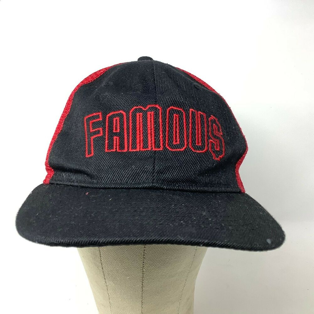 Famous Mesh Back Snapback Hat Cap Red Black Embroidered Spell Out